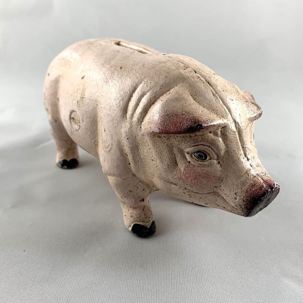 Antique Cast Iron Piggy Bank, Midcentury Pink Pig, Rare Vintage Decor, Heavy 6in